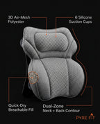 Feature infographic of the grey bath pillow with air-mesh and six suction cups