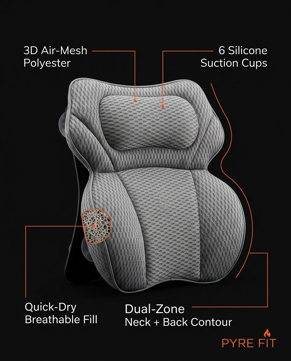 Feature infographic of the grey bath pillow with air-mesh and six suction cups