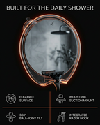 Tech specs infographic of the shower mirror's fog-free surface and suction mount