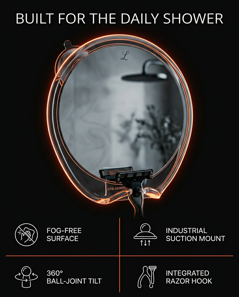 Tech specs infographic of the shower mirror's fog-free surface and suction mount