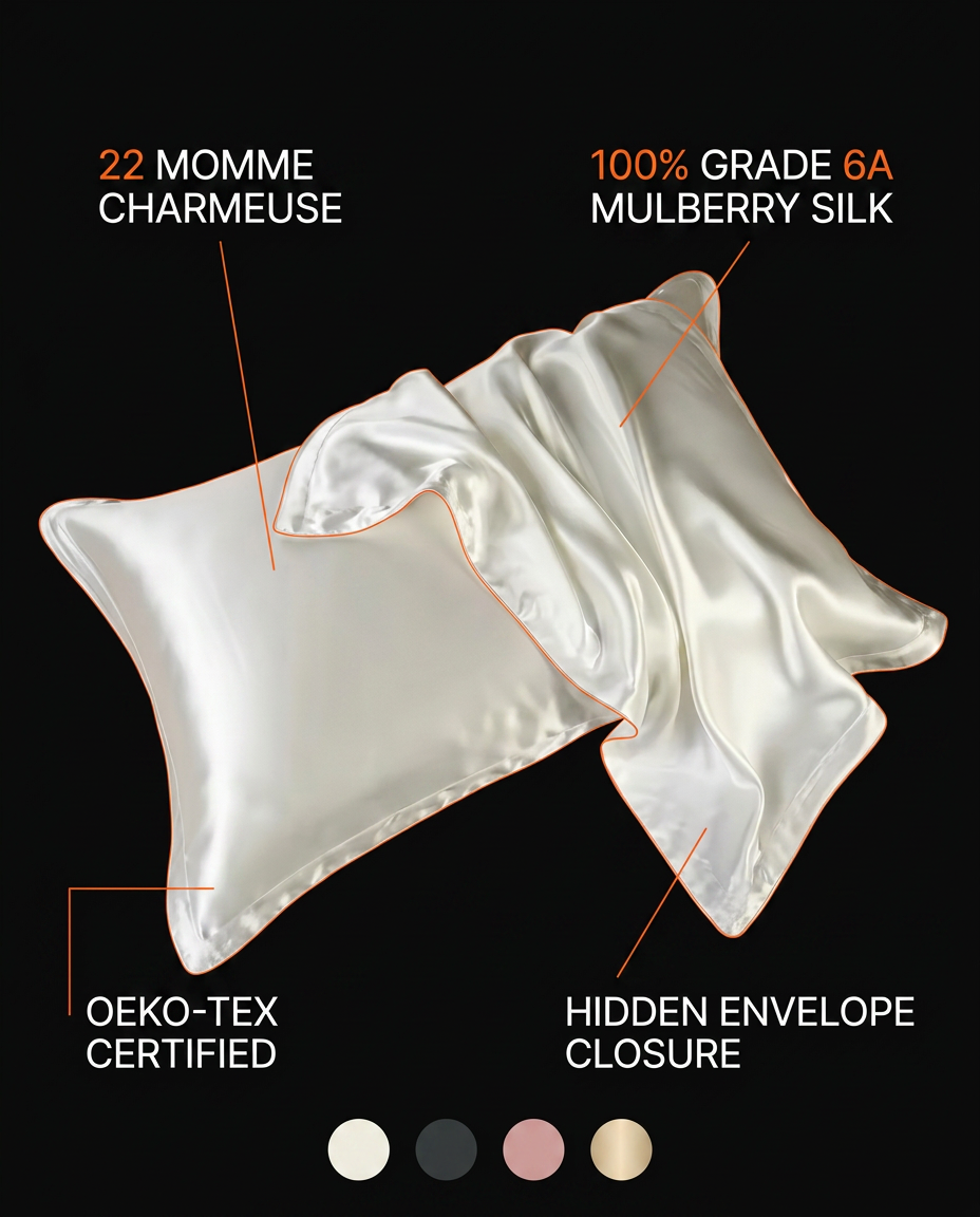 Tech specs for the 22 momme grade 6A mulberry silk pillowcase with swatches