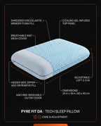 Tech specs of the pillow: gel top, knit cover and adjustable loft callouts