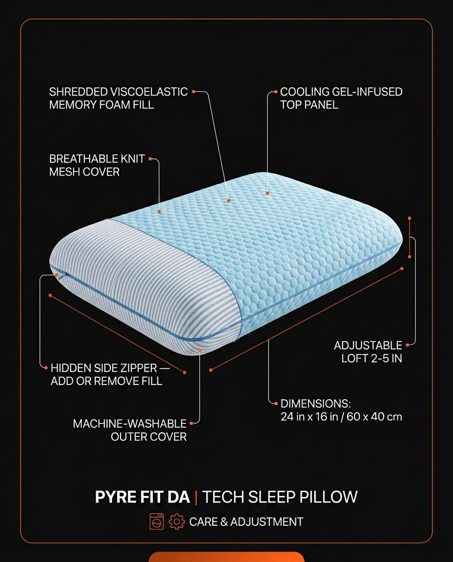Tech specs of the pillow: gel top, knit cover and adjustable loft callouts