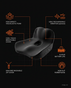 Seat cushion tech specs: memory foam, cool cover, USB-C vibration, non-slip base
