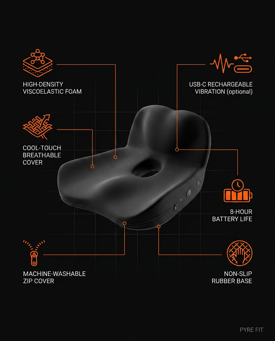 Seat cushion tech specs: memory foam, cool cover, USB-C vibration, non-slip base