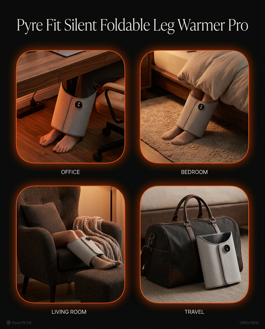 Four-use grid showing the leg warmer in office, bedroom, living room and travel settings