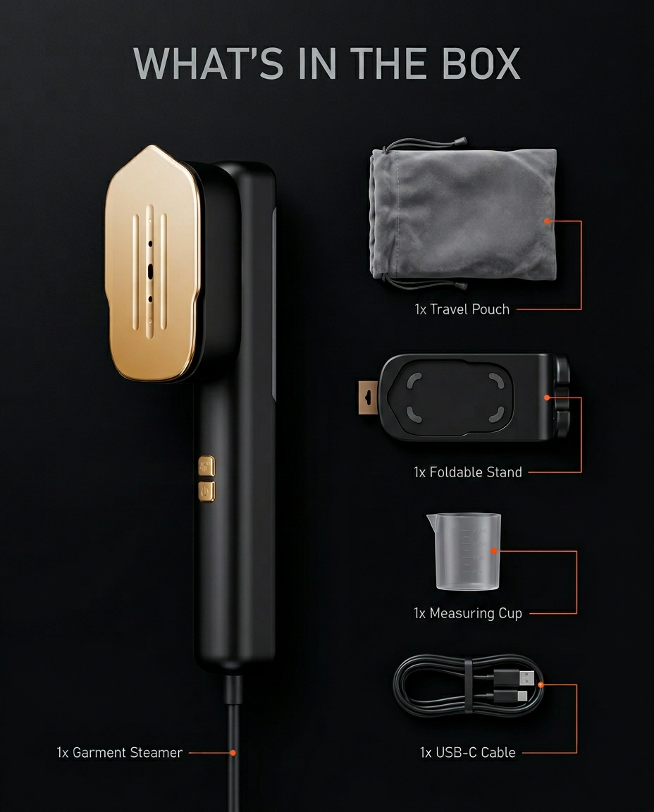 What's in the box layout: steamer, travel pouch, stand, cup and USB-C cable