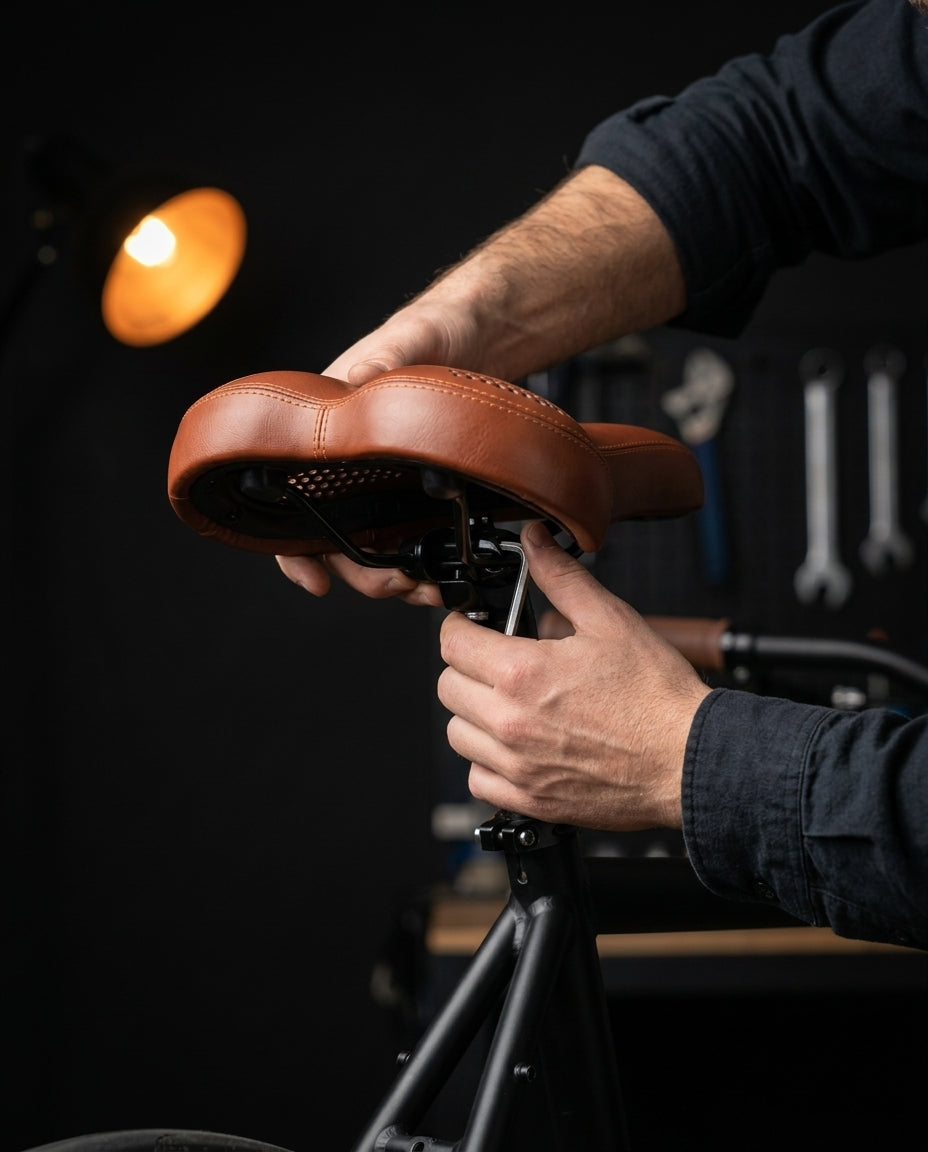 Hands installing the brown bike saddle onto a seatpost in a workshop