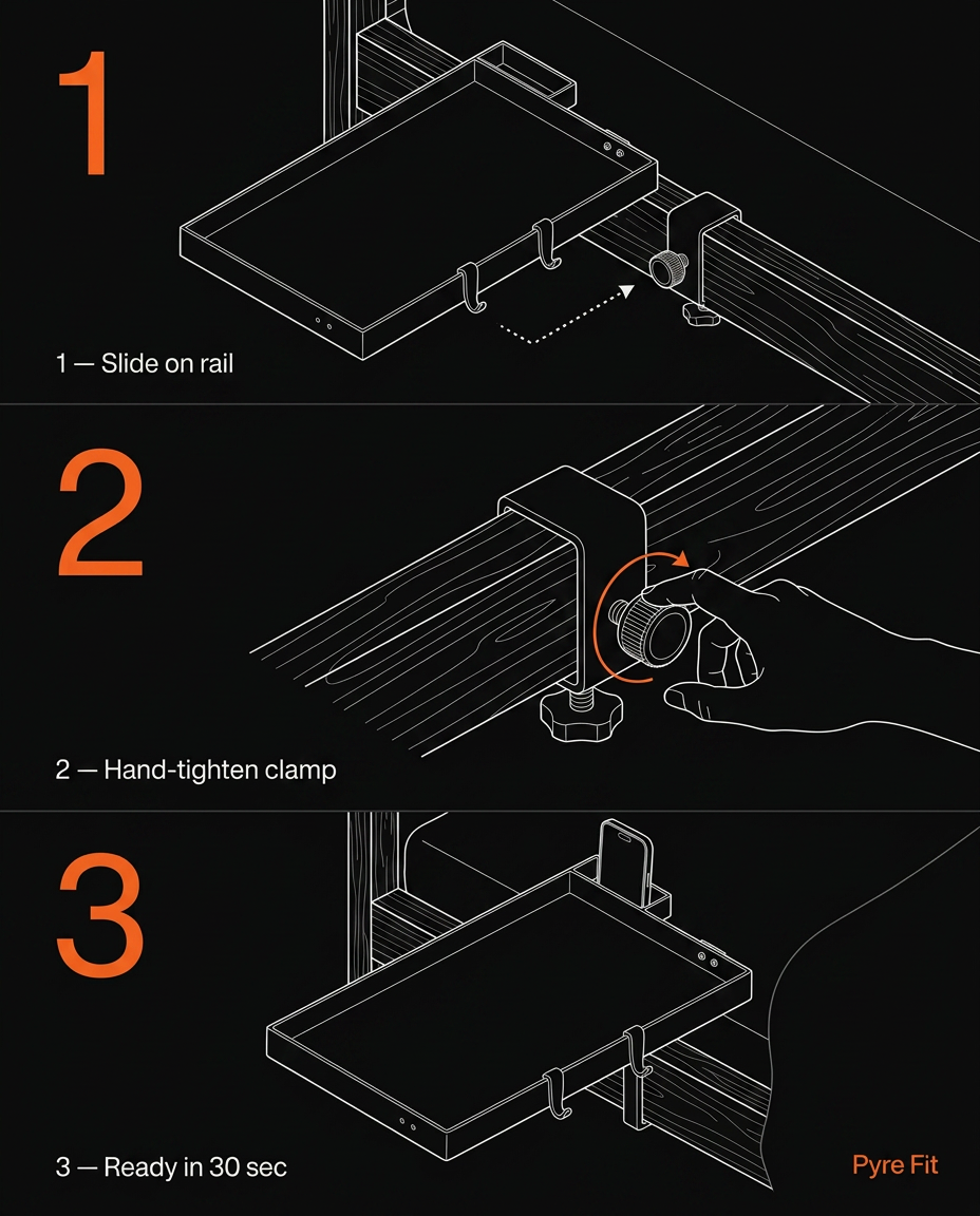 Three-step diagram showing tool-free clamp install of the bedside tray on a bed frame