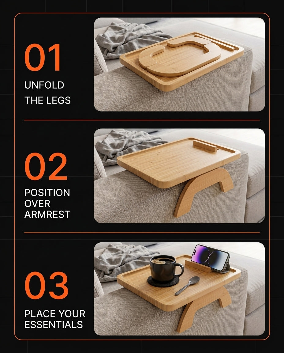Three-step setup guide: unfold legs, position over armrest, add essentials