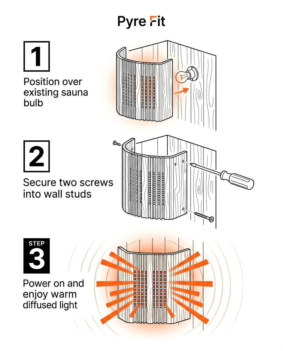 Three-step illustration showing how to install the sauna light cover