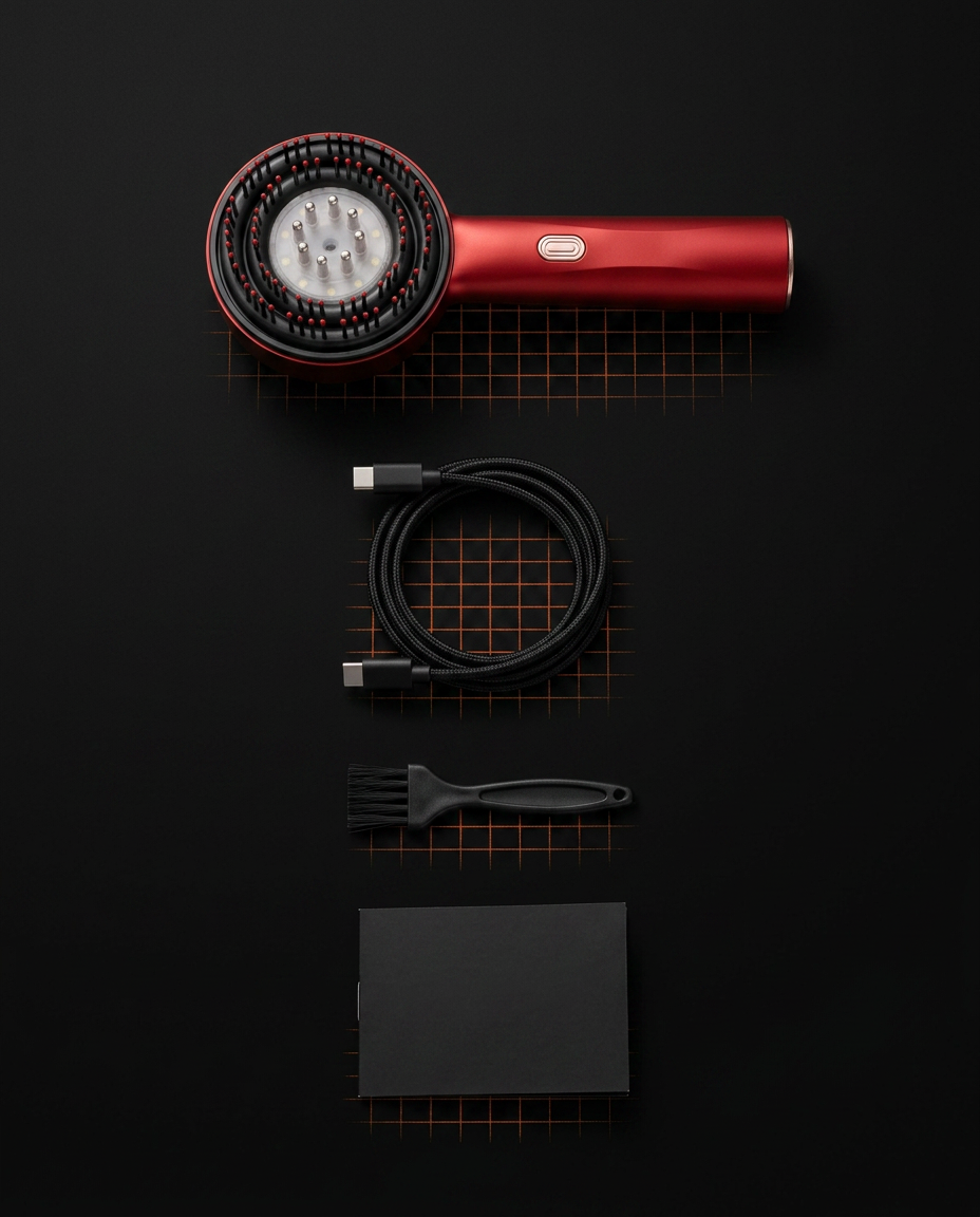 Flatlay of the red scalp comb, USB-C cable, cleaning tool and manual