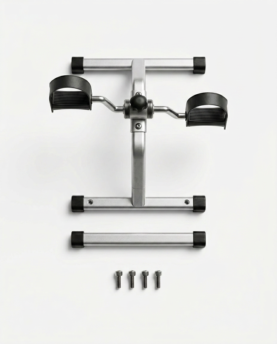 What's-in-the-box flat-lay of the pedal bike body, base bars and screws