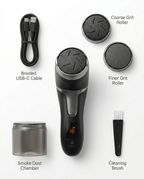 Foot file kit flat lay with USB-C cable, two grit rollers, dust chamber and brush