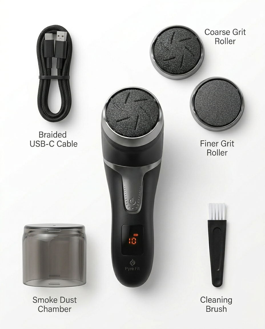 Foot file kit flat lay with USB-C cable, two grit rollers, dust chamber and brush