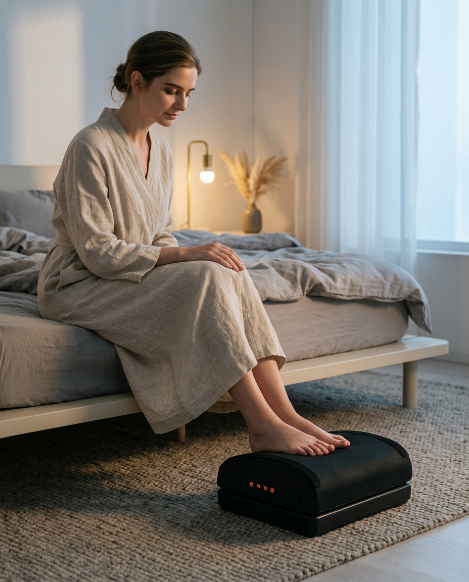 Woman in a robe resting her feet on the foot massager beside her bed