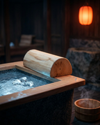 Wooden neck pillow resting on the edge of an icy cold plunge tub