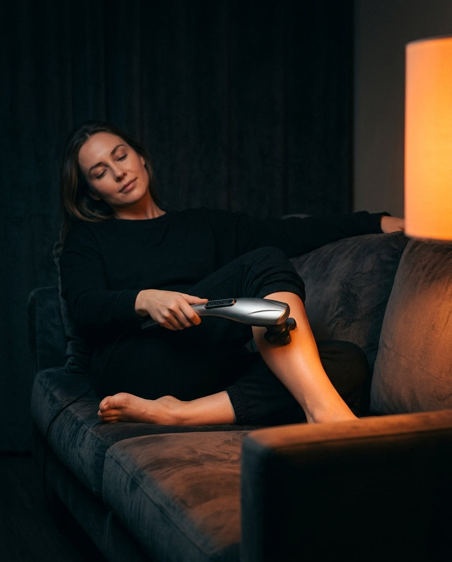 Woman relaxing on a couch using the handheld massager on her calf
