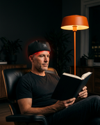 Man reading in an armchair wearing the glowing red light scalp cap at night