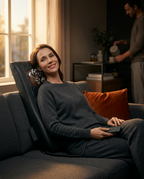 Woman reclining on a sofa using the massage cushion while a man brings tea