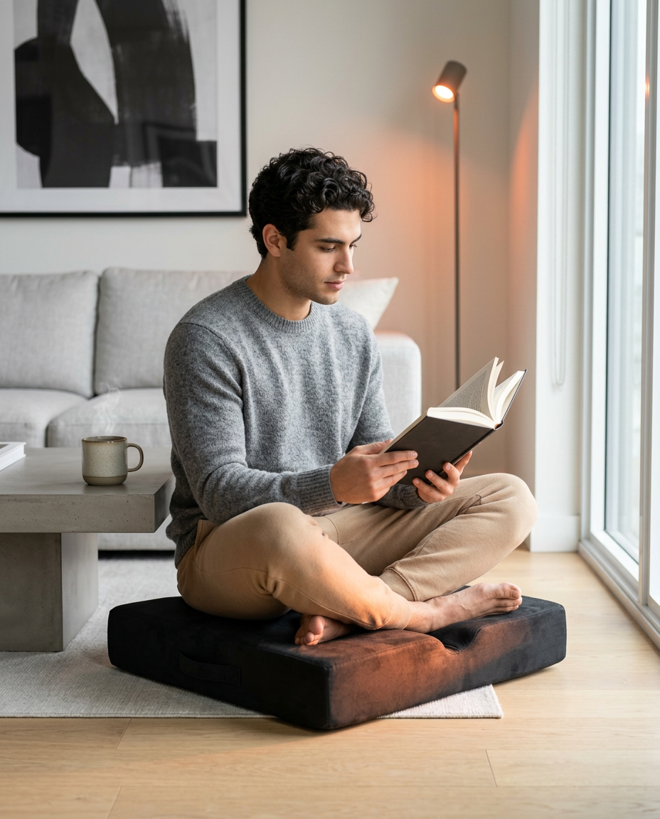 Man reading cross-legged seated on the black foam cushion on the floor