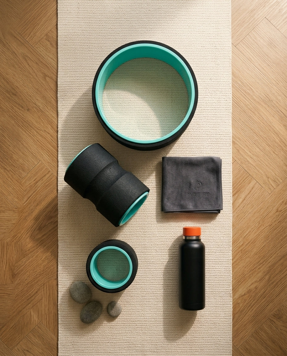 Flat-lay of the three teal back rollers with towel and water bottle on a mat