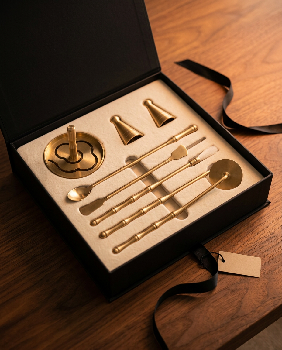 Brass incense kit arranged in a black gift box ready for unboxing
