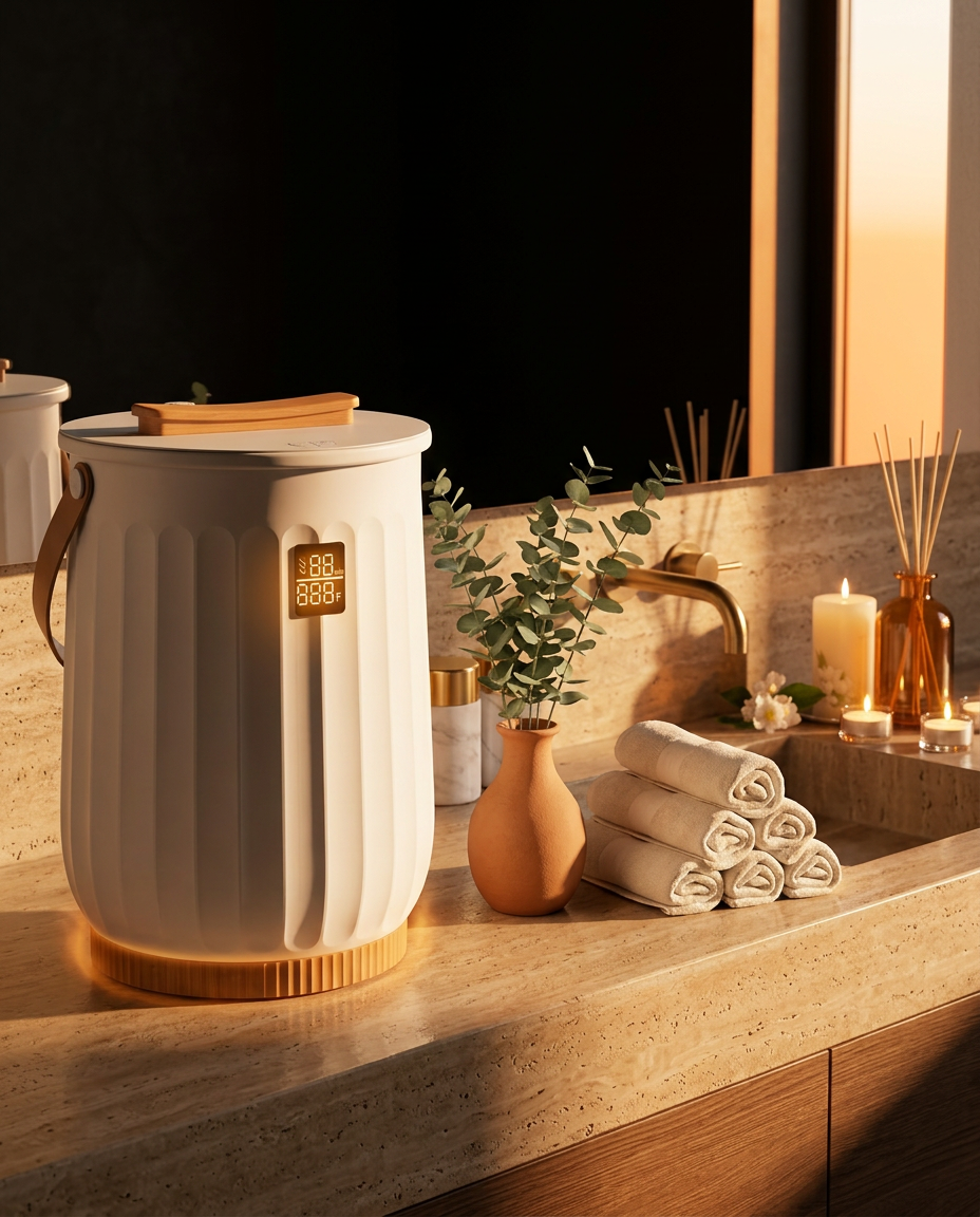 Towel warmer styled on a sunlit guest bathroom counter with rolled towels