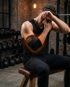 Man resting on a gym bench wearing the heated elbow sleeve after a workout