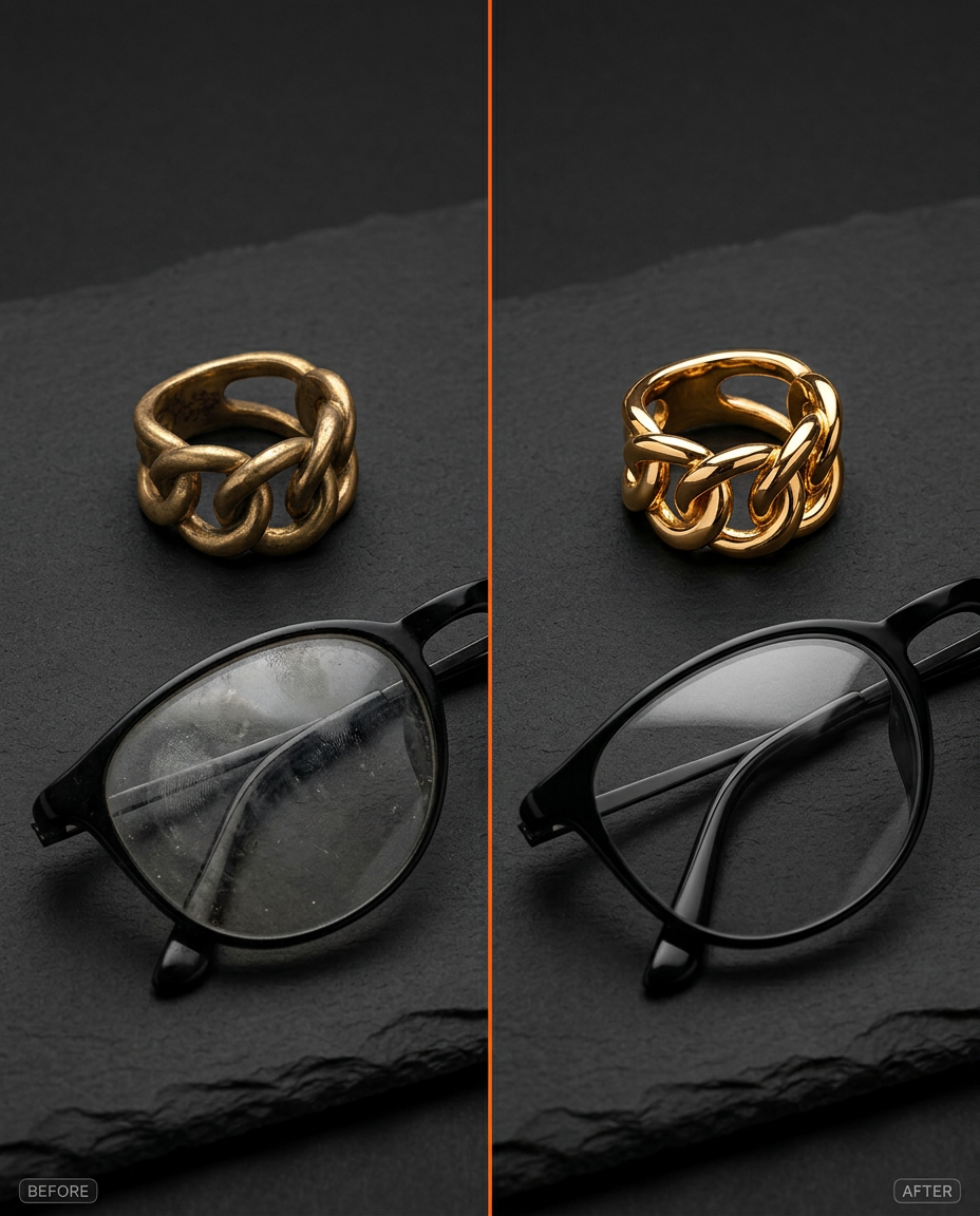 Before-and-after split of a tarnished gold ring and glasses cleaned bright