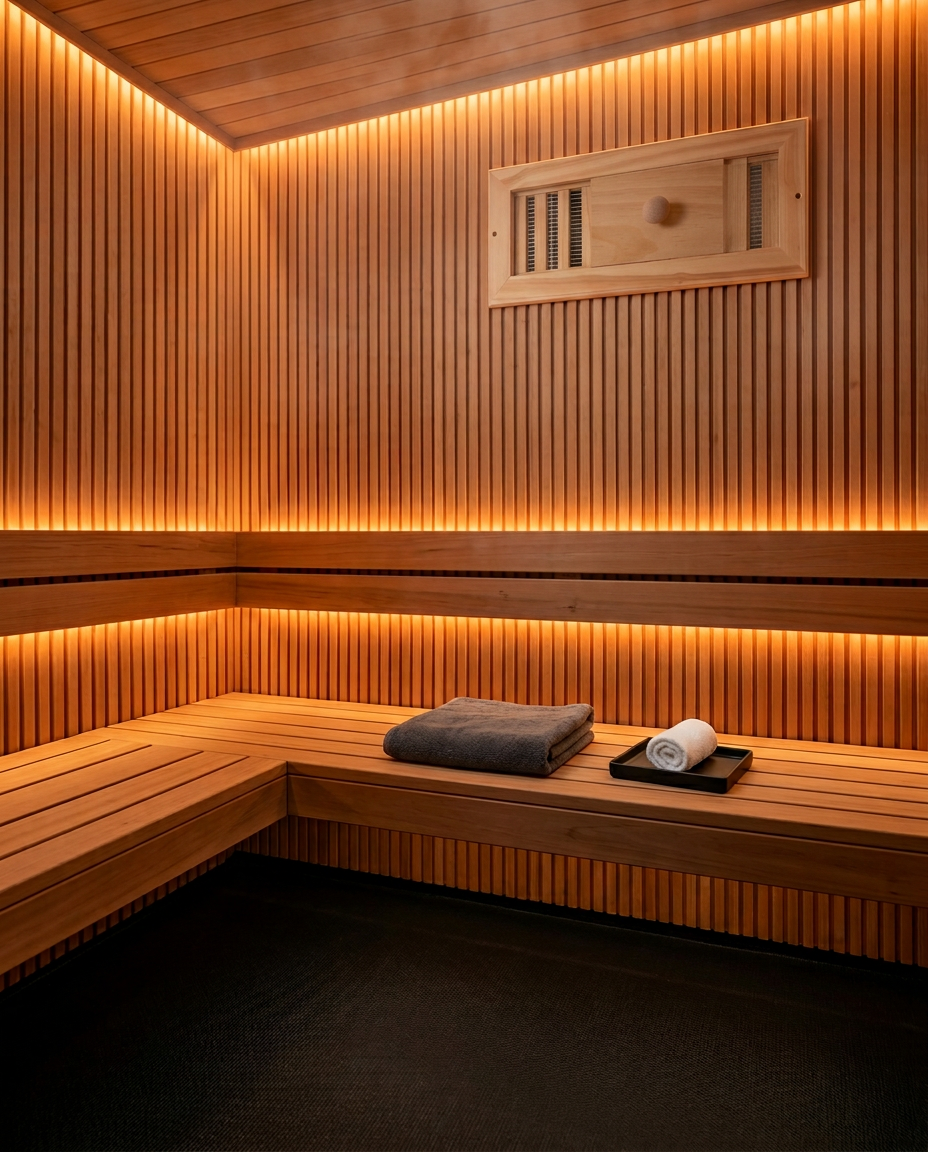 Sauna air vent mounted in a modern cedar-slat infrared sauna interior