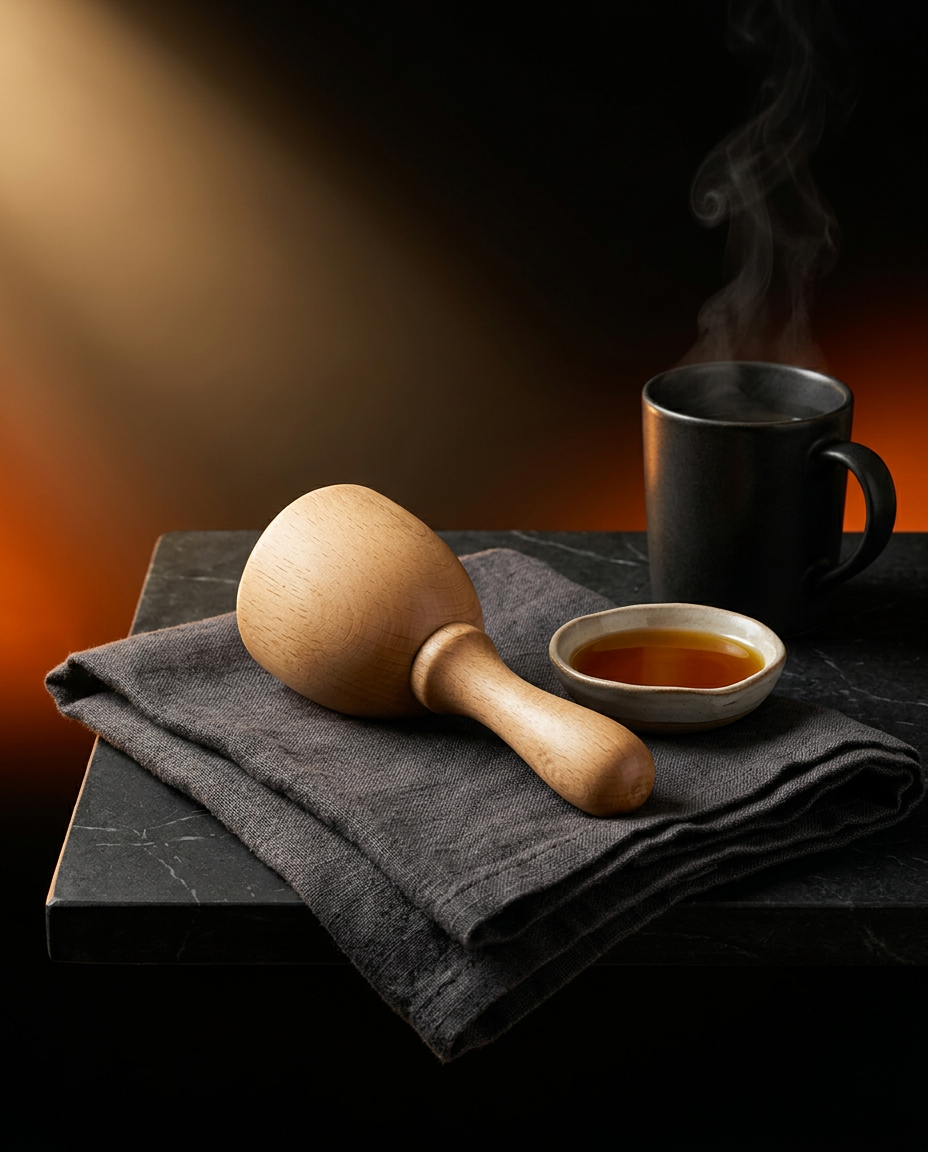Wooden massage cup on gray towel beside steaming mug and oil dish