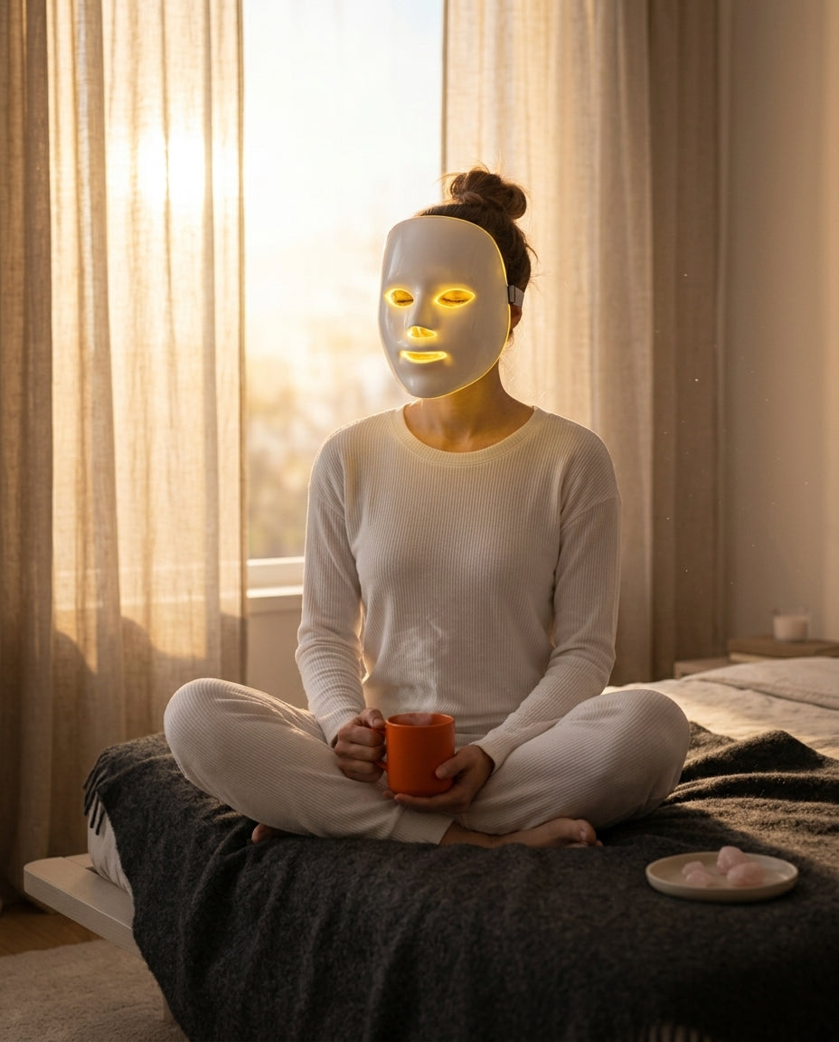 Woman on a bed in morning light wearing the yellow-glowing LED mask