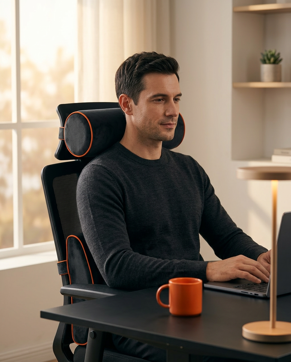 Man at desk using the bolster as lumbar back support on his black office chair