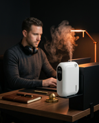White diffuser misting on an office desk while a man works