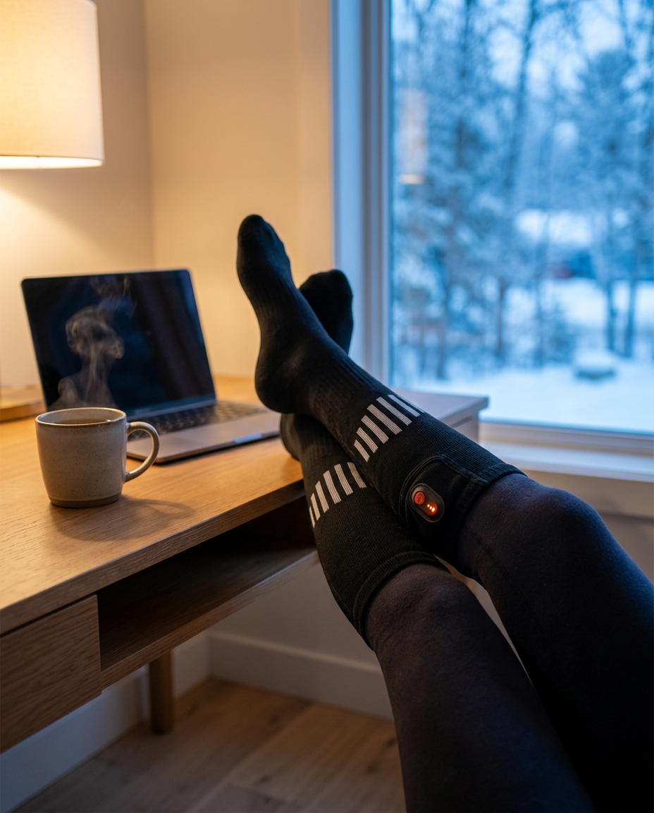 Heated socks worn with feet propped on a desk by a snowy window