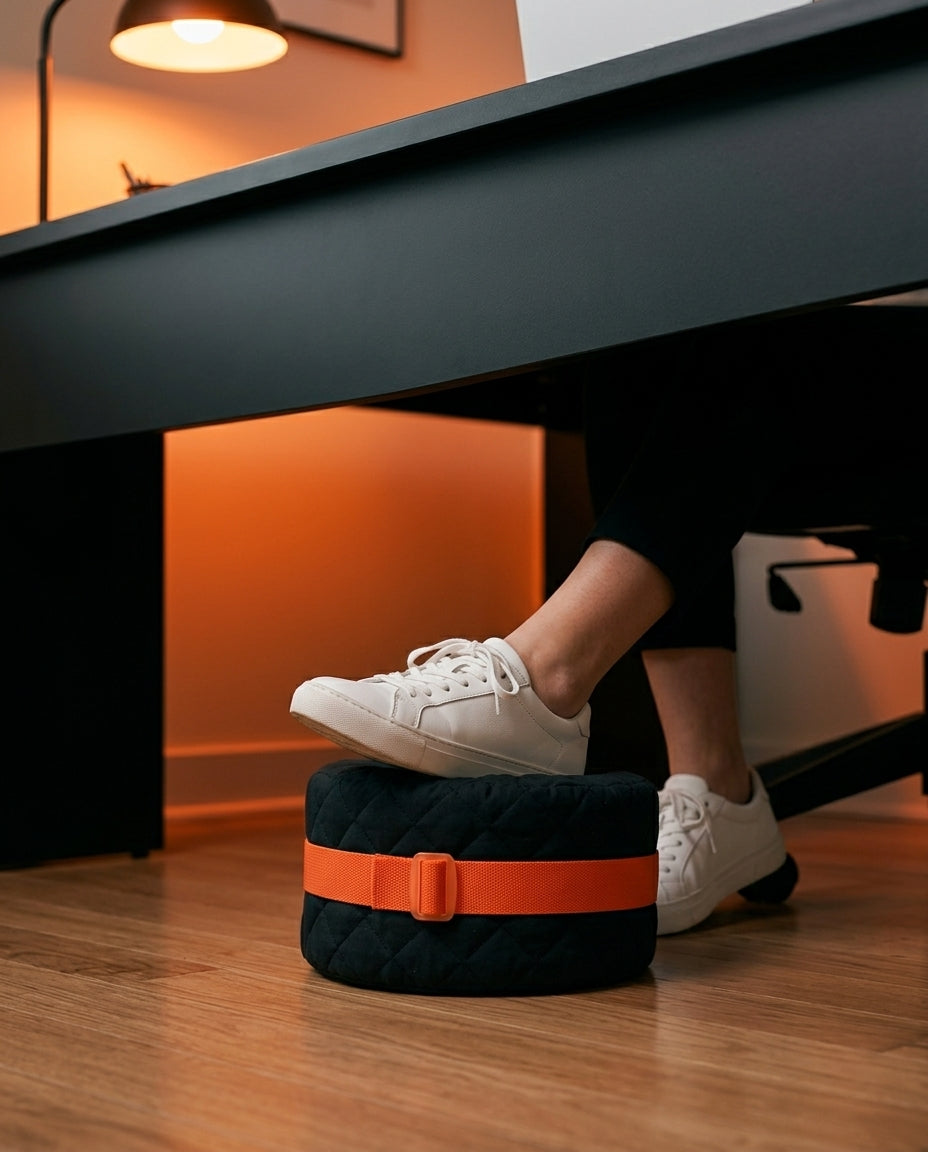 Person resting a sneakered foot on the cushion as an under-desk footrest