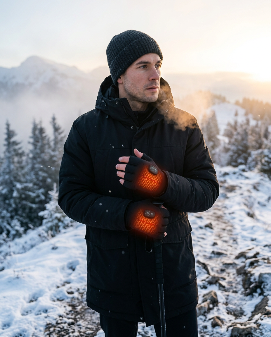 Hiker warming hands in heated gloves on a snowy mountain ridge at sunrise