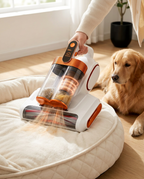 Person vacuuming a round pet bed with a golden retriever resting nearby