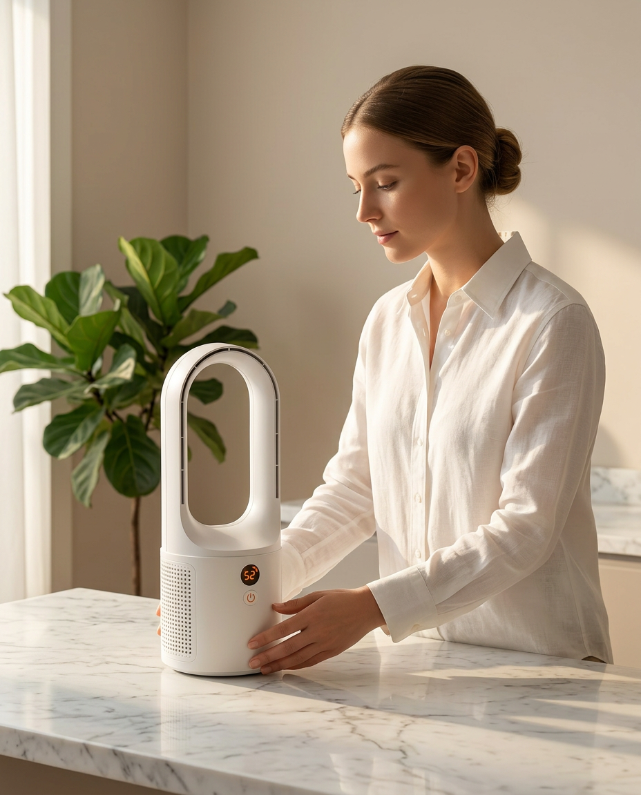 Woman placing the compact white tower fan on a marble table by a plant