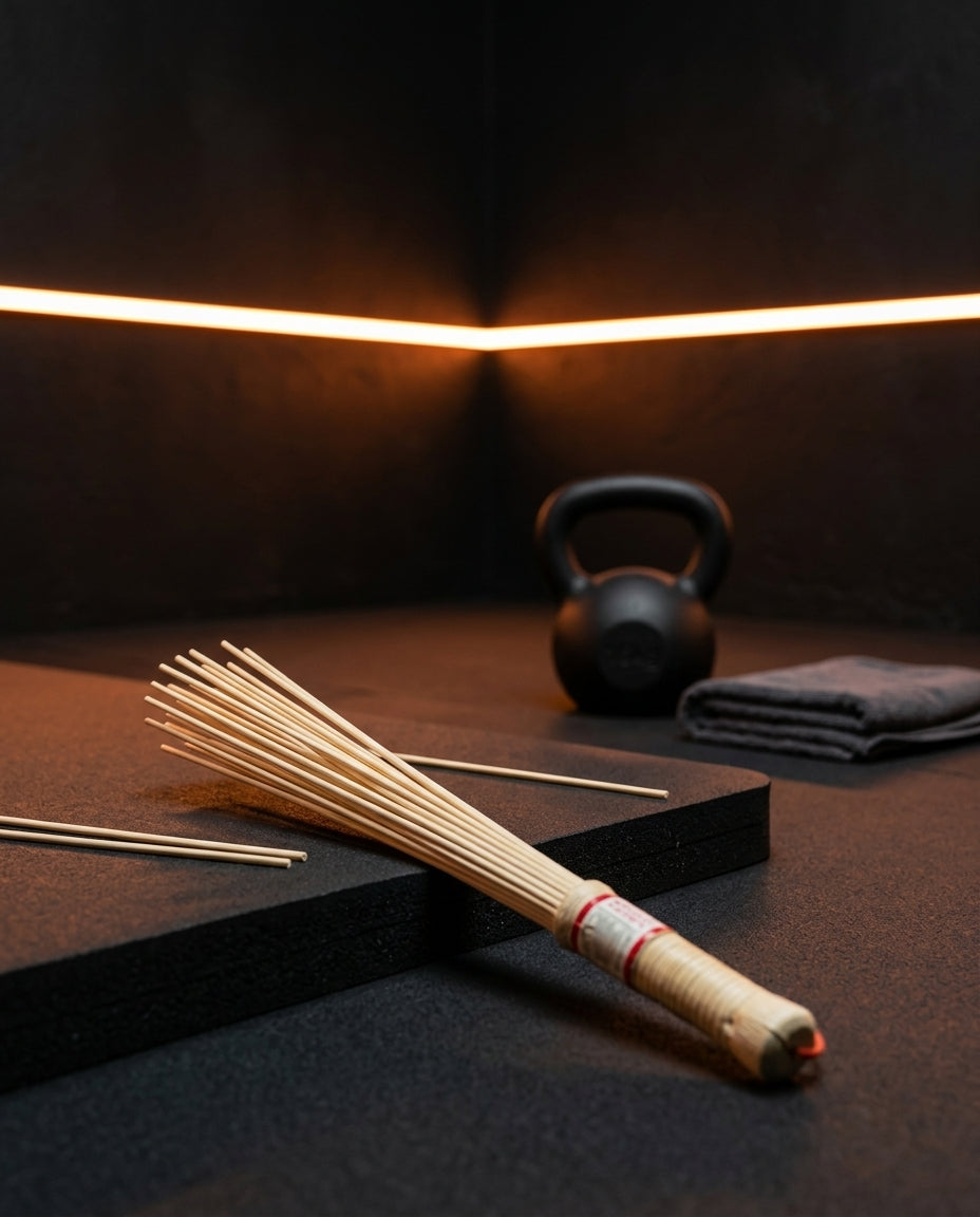 Bamboo massage roller resting in a dark gym beside a kettlebell and towel