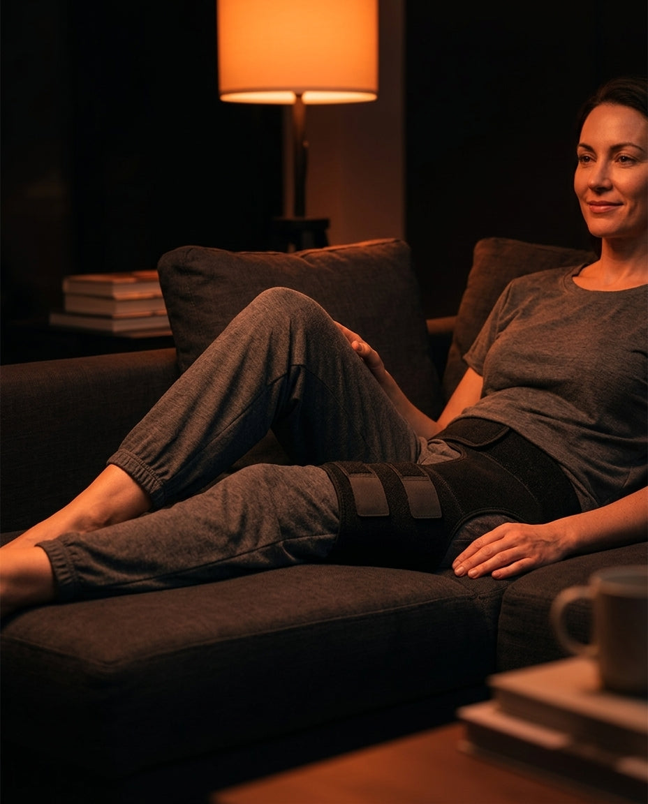 Woman relaxing on a couch wearing the hip wrap during recovery