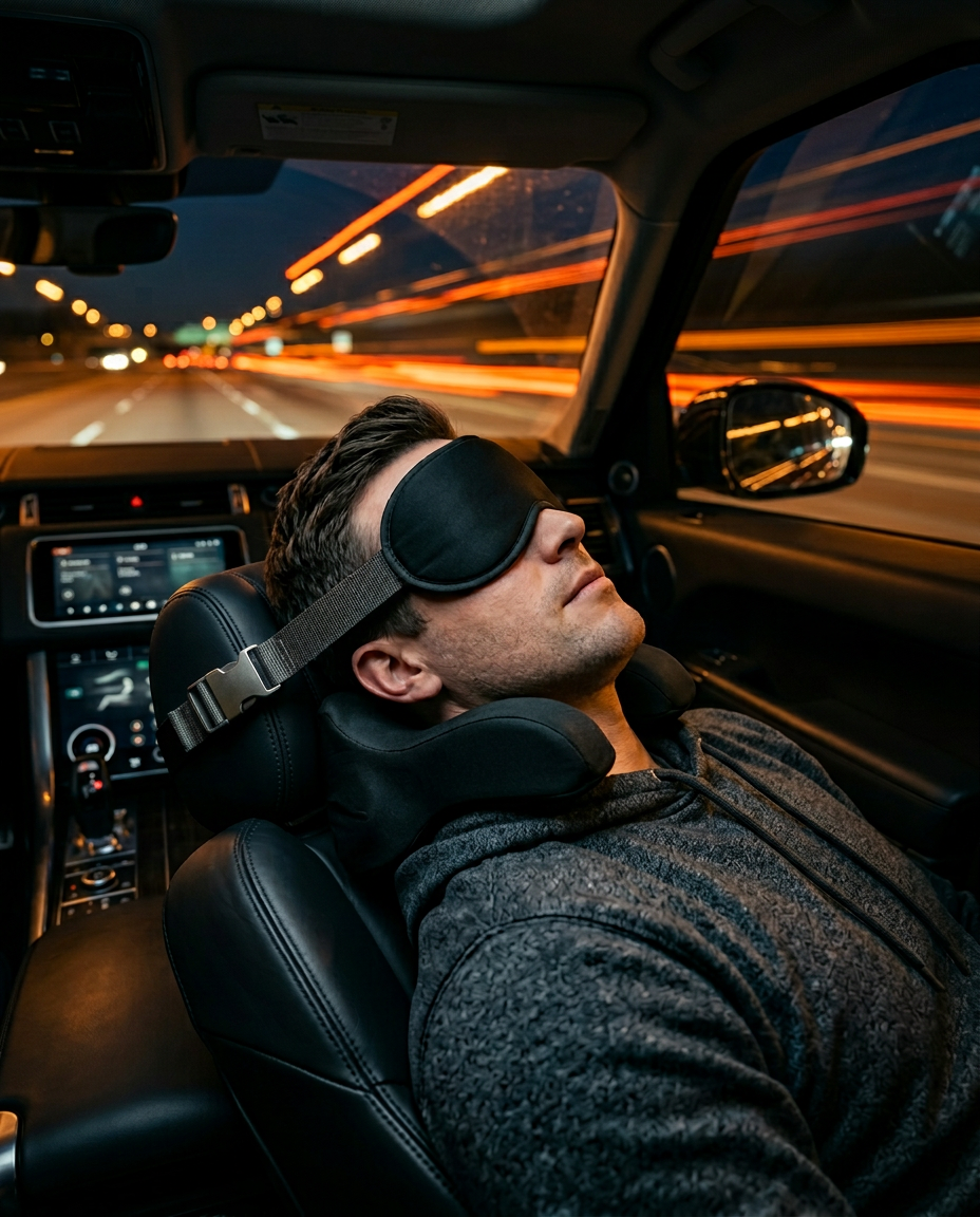 Passenger asleep in a car at night wearing the travel neck pillow and mask
