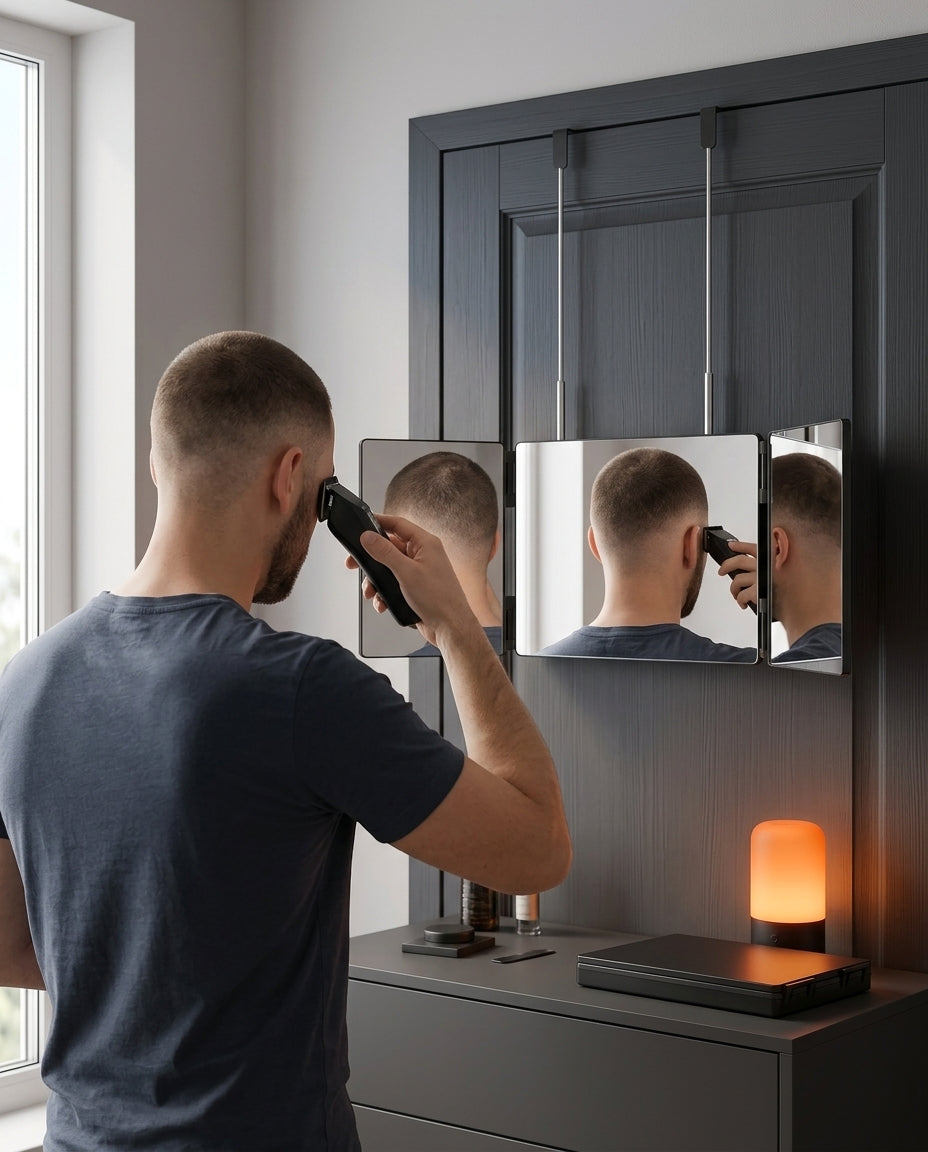 Man giving himself a clipper haircut using the over-the-door trifold mirror