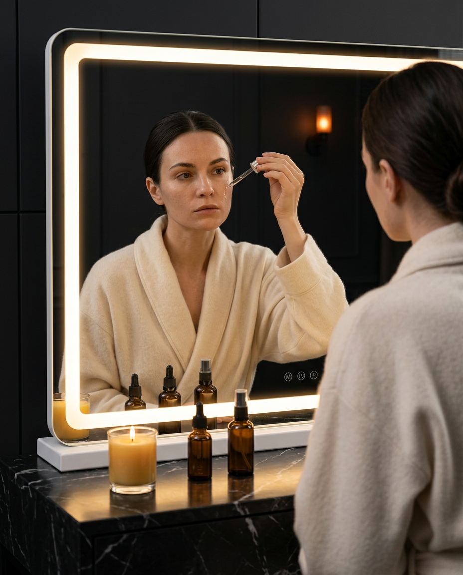 Woman doing evening skincare before the warmly lit LED vanity mirror