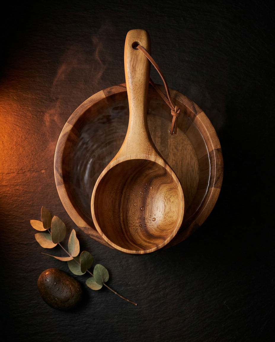 Wooden ladle on a steaming water bucket with eucalyptus, dark moody scene