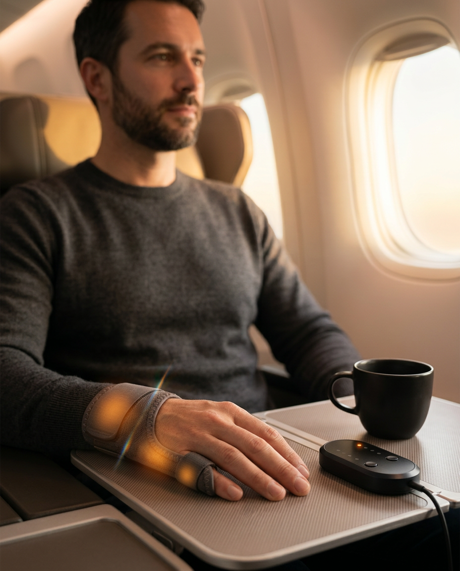 Man on an airplane resting his hand in the heated finger wrap on the tray
