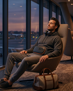 Man wearing the waist massage belt resting in an airport lounge