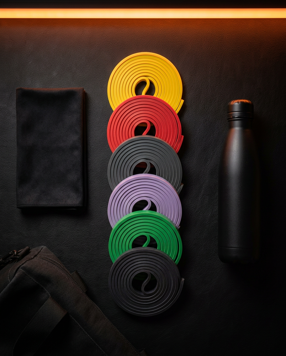 Flat lay of coiled resistance bands beside a black water bottle and gym bag