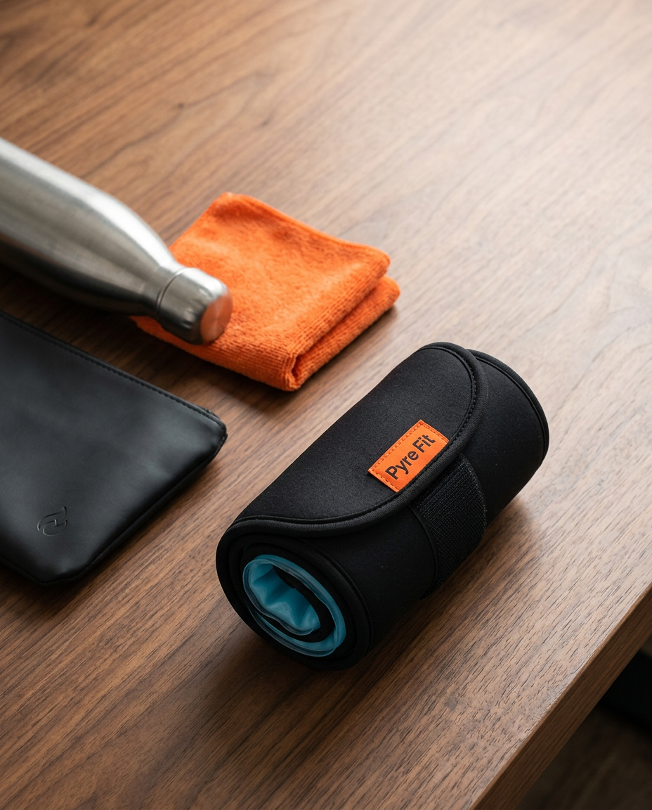 Cooling gel wrap rolled up for travel beside a towel and pouch